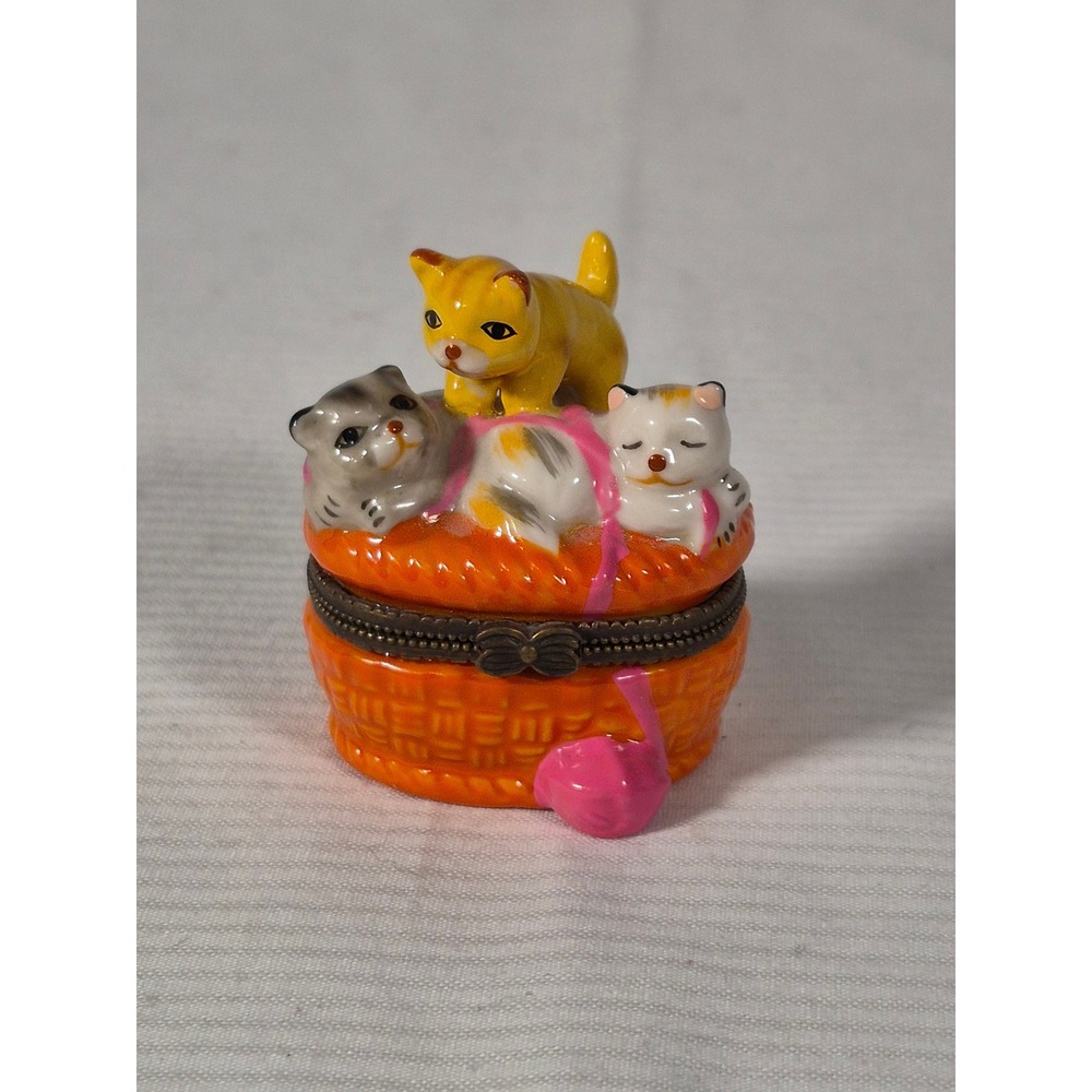 Kittens in Basket Porcelain Trinket Box with Yarn Ball Accessory Hinged Lid